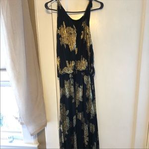 Gold metallic printed pleated gown